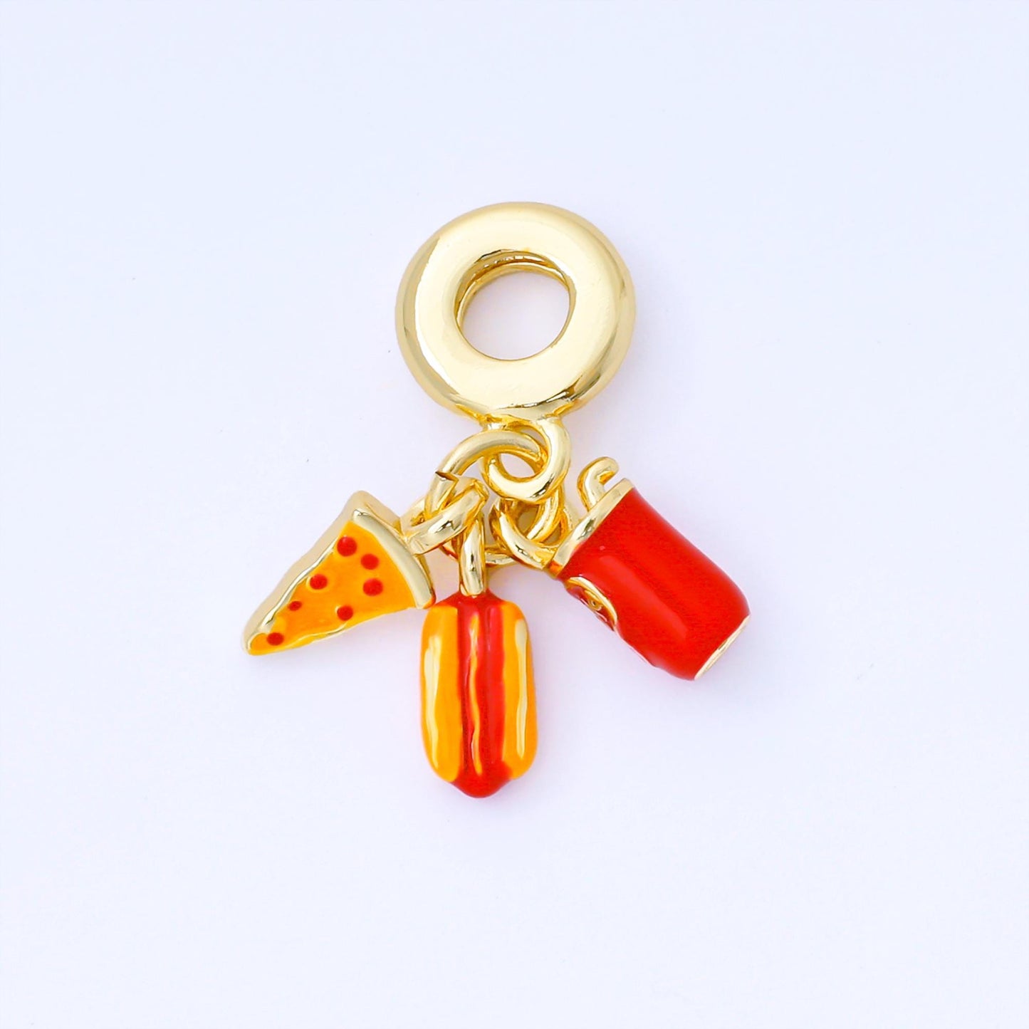24K Gold Filled 11.5mm Enamel Art Food Set Charm in Hotdog Pizza & Soda Snack Themed Charm DIY Jewelry Making Supply Bracelet | AF1541