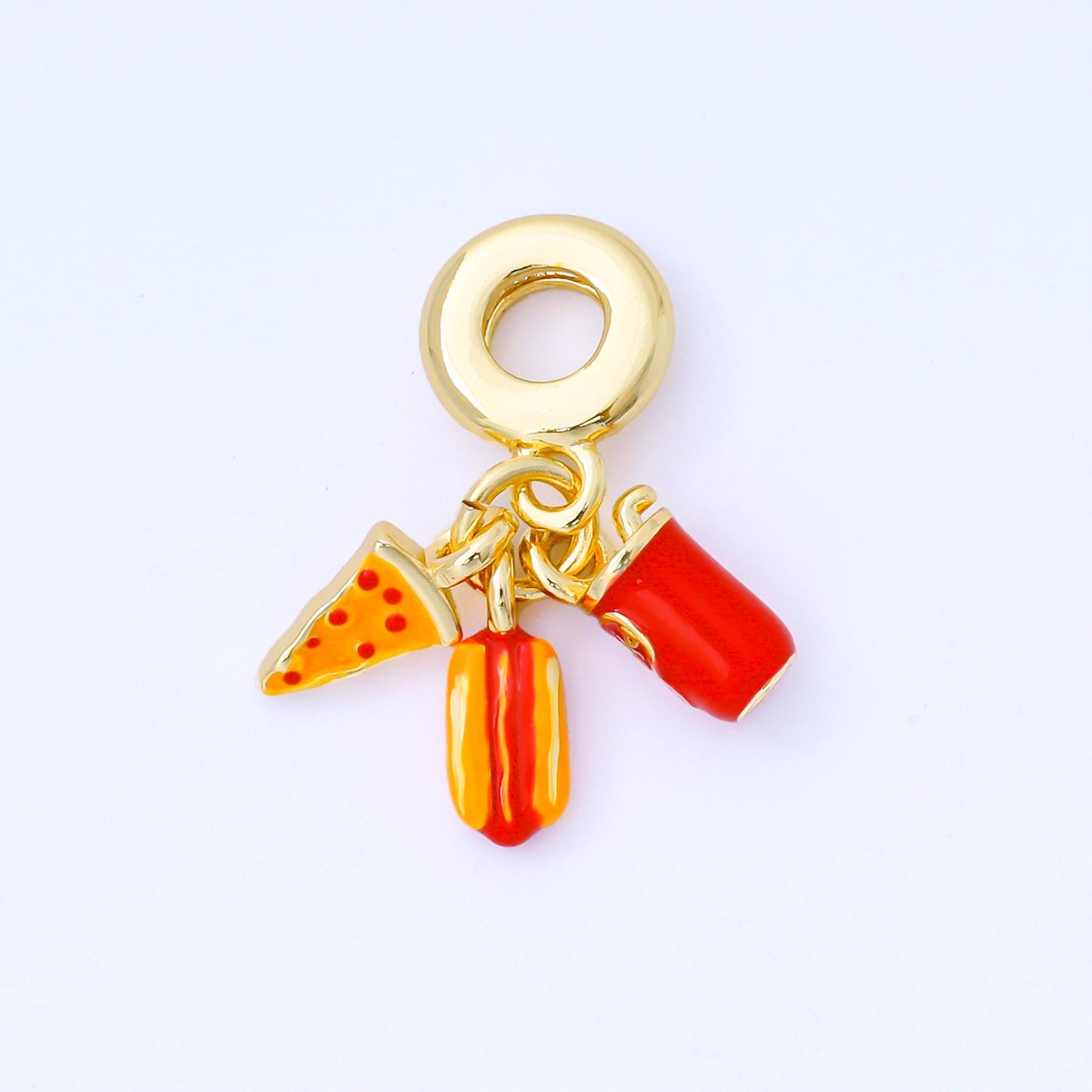 24K Gold Filled 11.5mm Enamel Art Food Set Charm in Hotdog Pizza & Soda Snack Themed Charm DIY Jewelry Making Supply Bracelet | AF1541