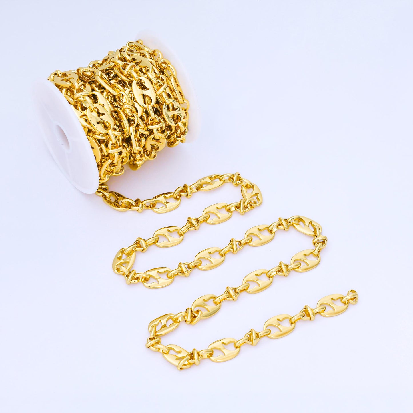 24K Gold Filled 10mm Puff Mariner Anchor Link Chain by Yard Wholesale DIY Bold Jewelry Making for Necklace Bracelet Bag Chain | Roll-1996