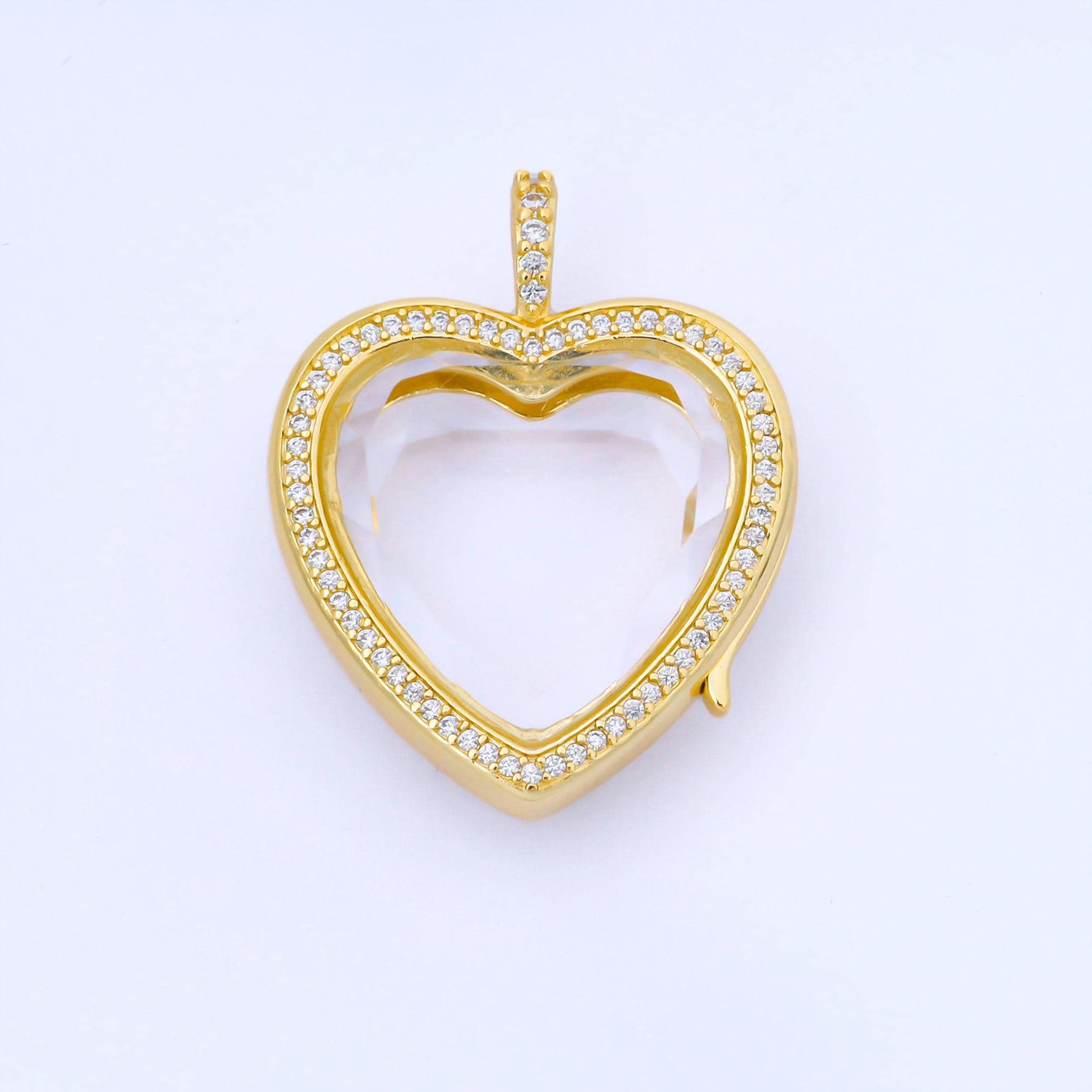 24k Gold CZ Heart Locket Clear Glass Crystal Container Locket Gold Gemstone Pendant Fillable Jewelry for Crystal Jewelry Making | AA1672
