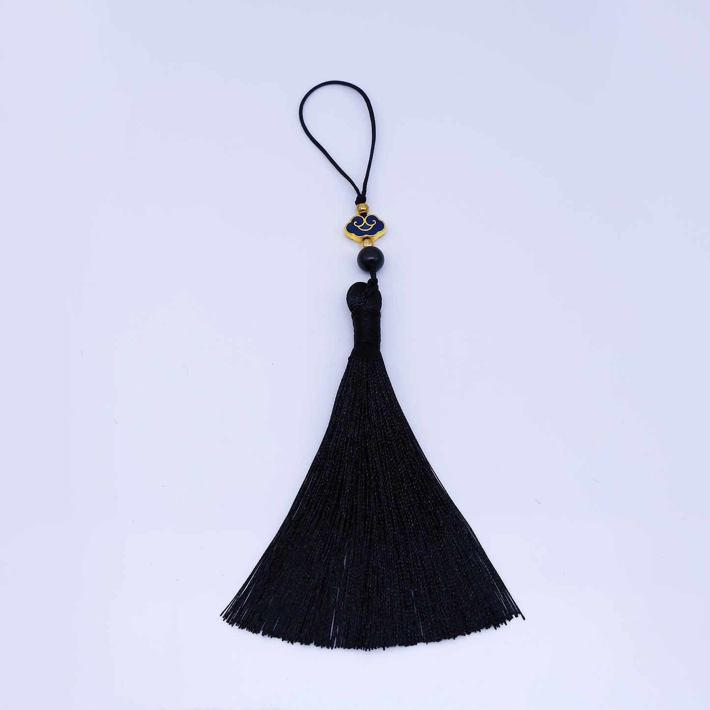 24k Gold Black Silk Tassel Charm with Gold Blue Enamel Accent Long Decorative Tassel for Jewelry Keychains or Home Decor | Z1492