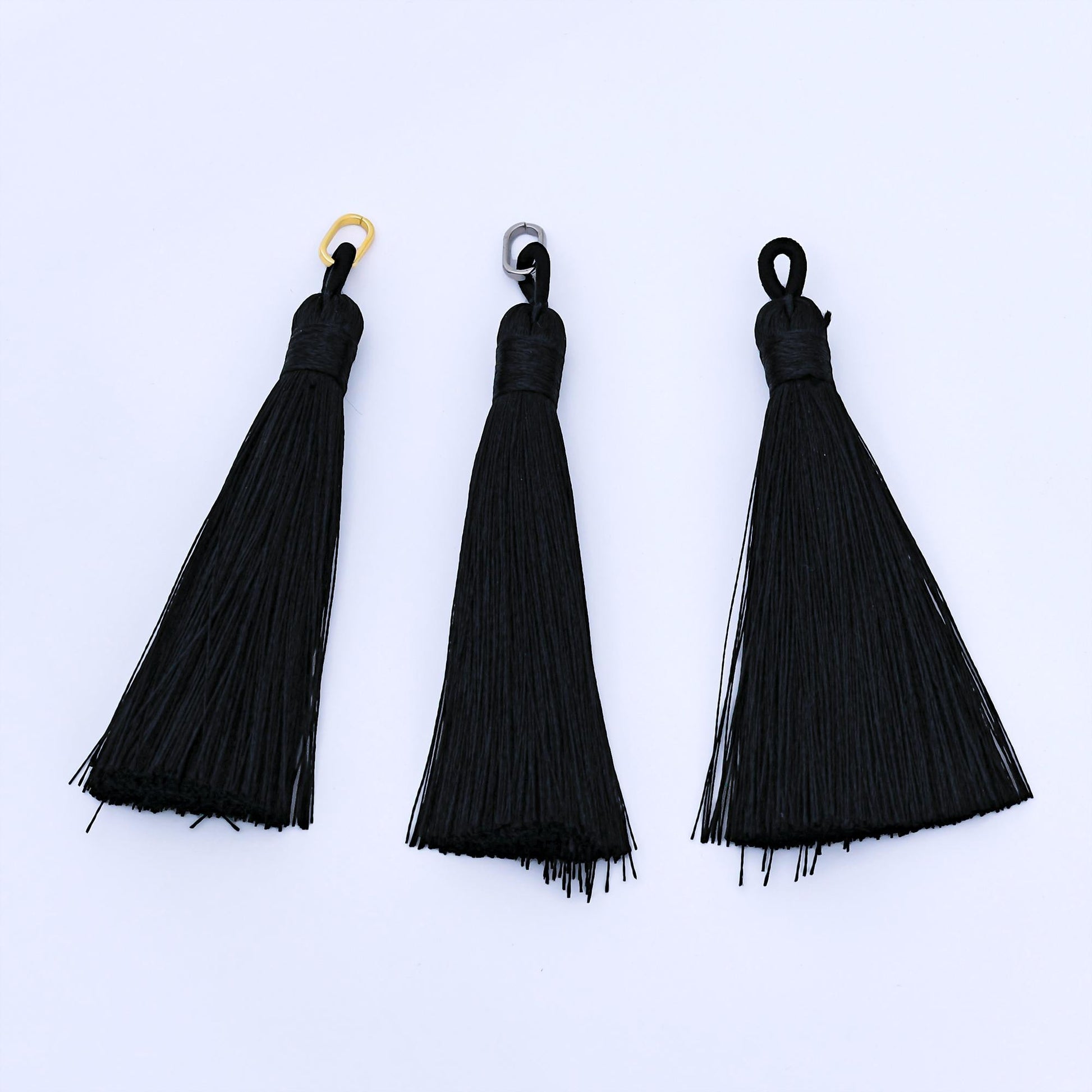 24k Black 83mm Silk Tassel with Gold & Silver Metal Loop Fringe Tassel for Jewelry Bookmarks Handbag Charms Graduation Caps | Z1494