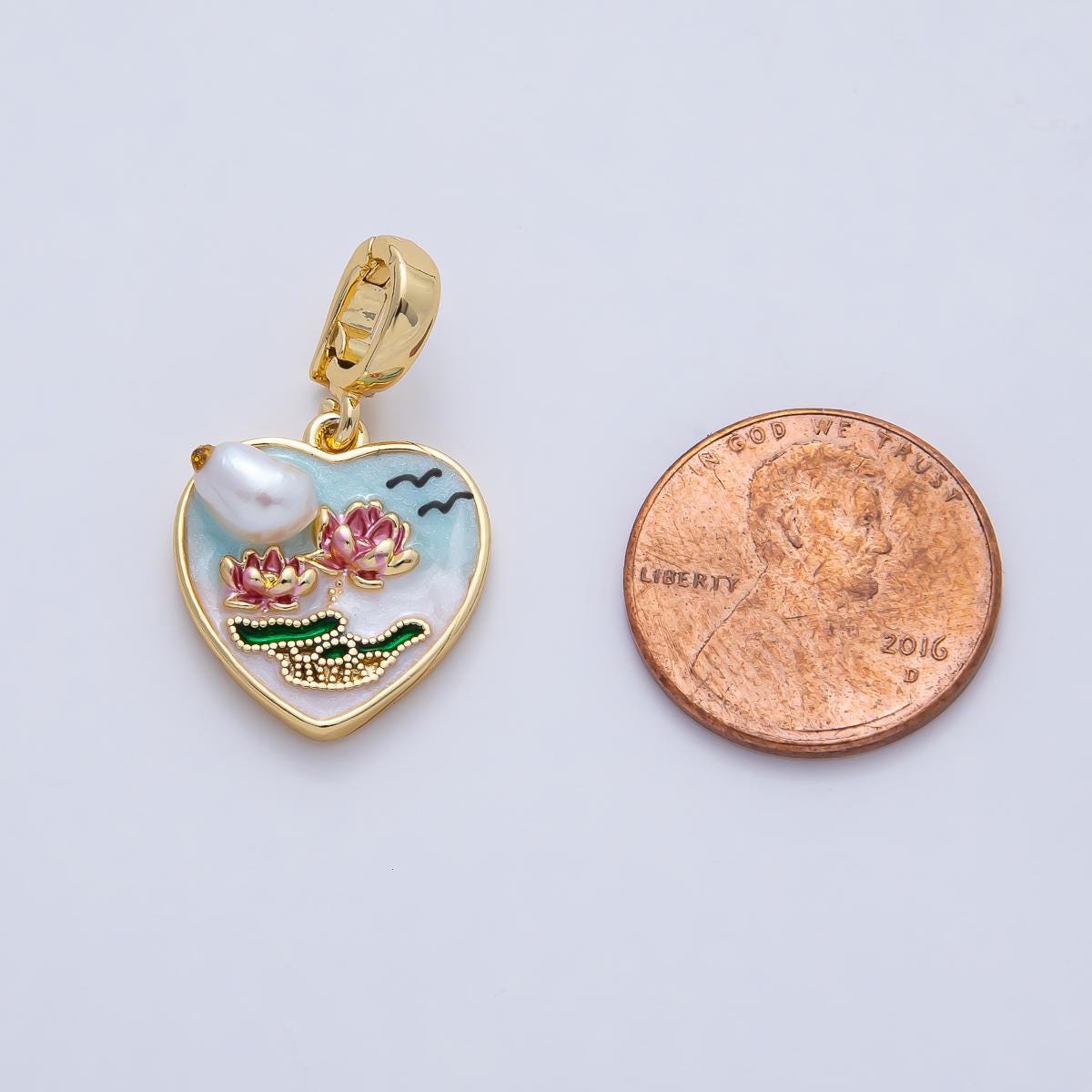 18K Gold Filled 18mm Pink Blooming Lotus Flower with Blue Gradient Heart Frame and White Shell Pearl Pendant Charm DIY Jewelry | AF1192