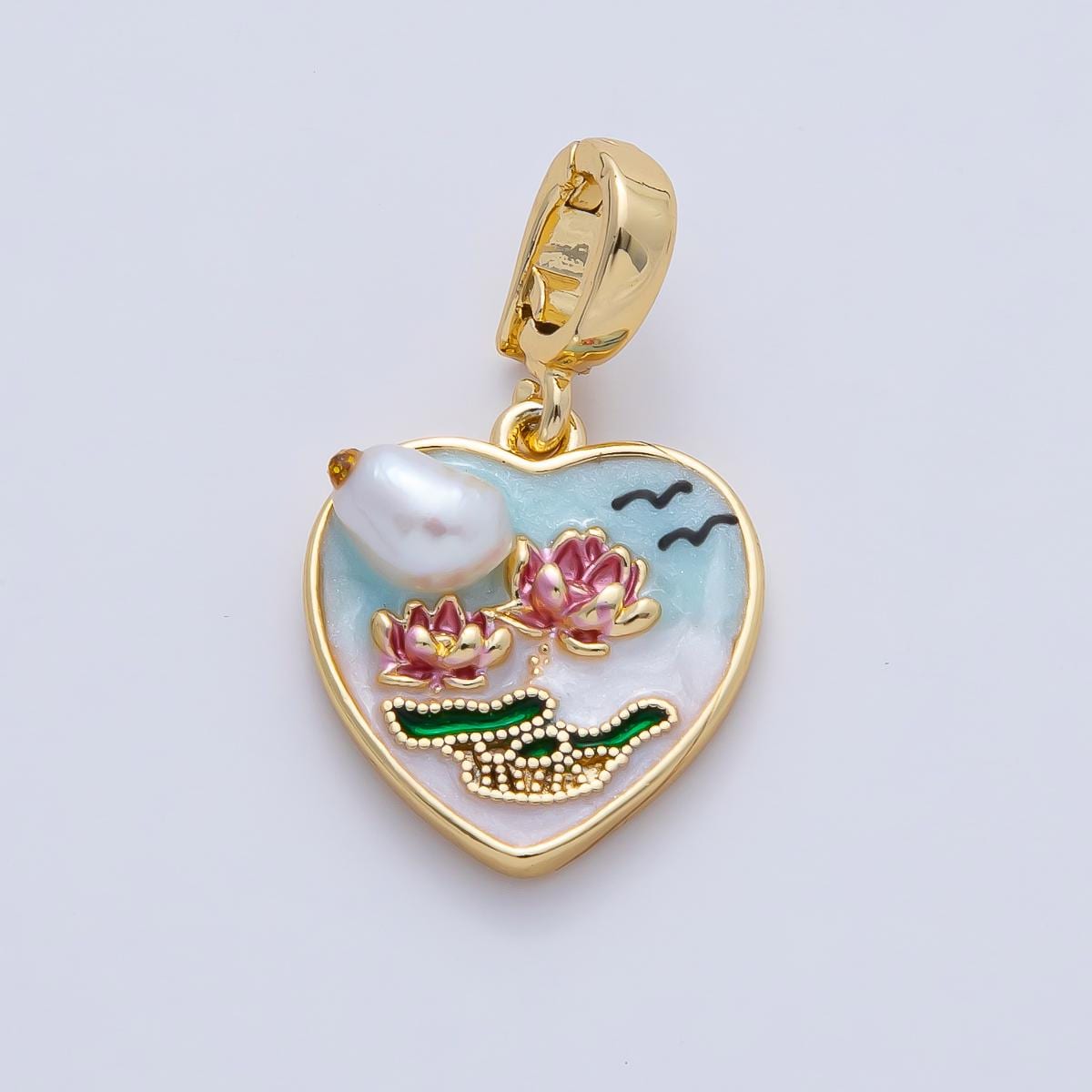 18K Gold Filled 18mm Pink Blooming Lotus Flower with Blue Gradient Heart Frame and White Shell Pearl Pendant Charm DIY Jewelry | AF1192