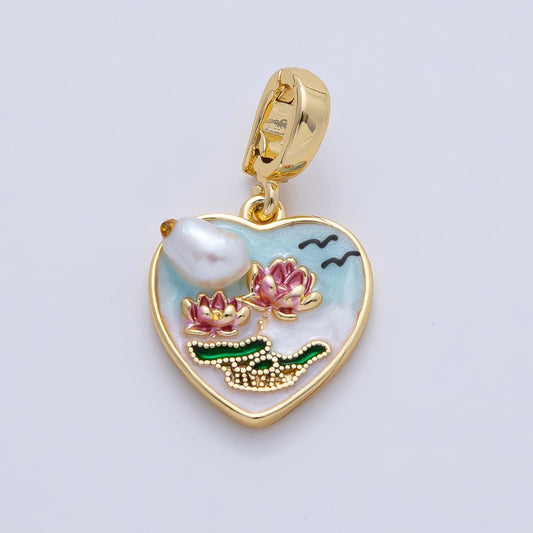 18K Gold Filled 18mm Pink Blooming Lotus Flower with Blue Gradient Heart Frame and White Shell Pearl Pendant Charm DIY Jewelry | AF1192