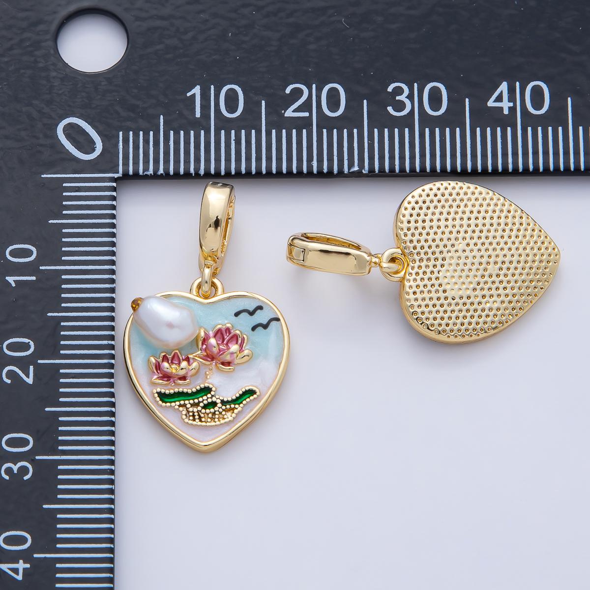 18K Gold Filled 18mm Pink Blooming Lotus Flower with Blue Gradient Heart Frame and White Shell Pearl Pendant Charm DIY Jewelry | AF1192