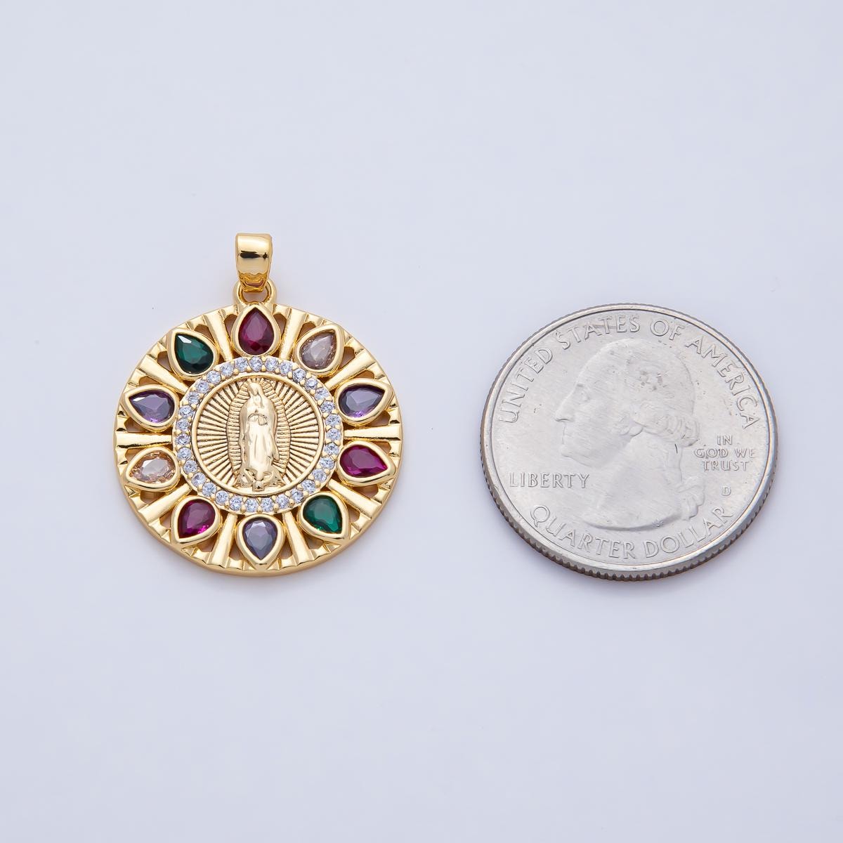 18K Gold Filled 26.3mm Clear & Multicolor CZ Miraculous Lady Mother Mary Round Pendant Halo Religious Charm DIY Jewelry Supply | AF1202