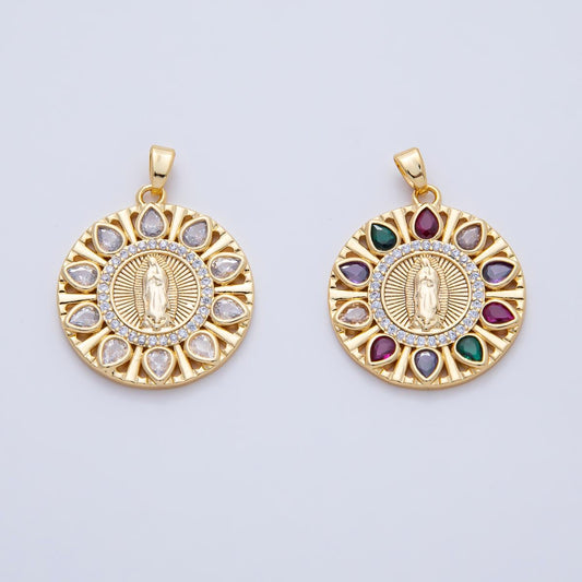 18K Gold Filled 26.3mm Clear & Multicolor CZ Miraculous Lady Mother Mary Round Pendant Halo Religious Charm DIY Jewelry Supply | AF1202