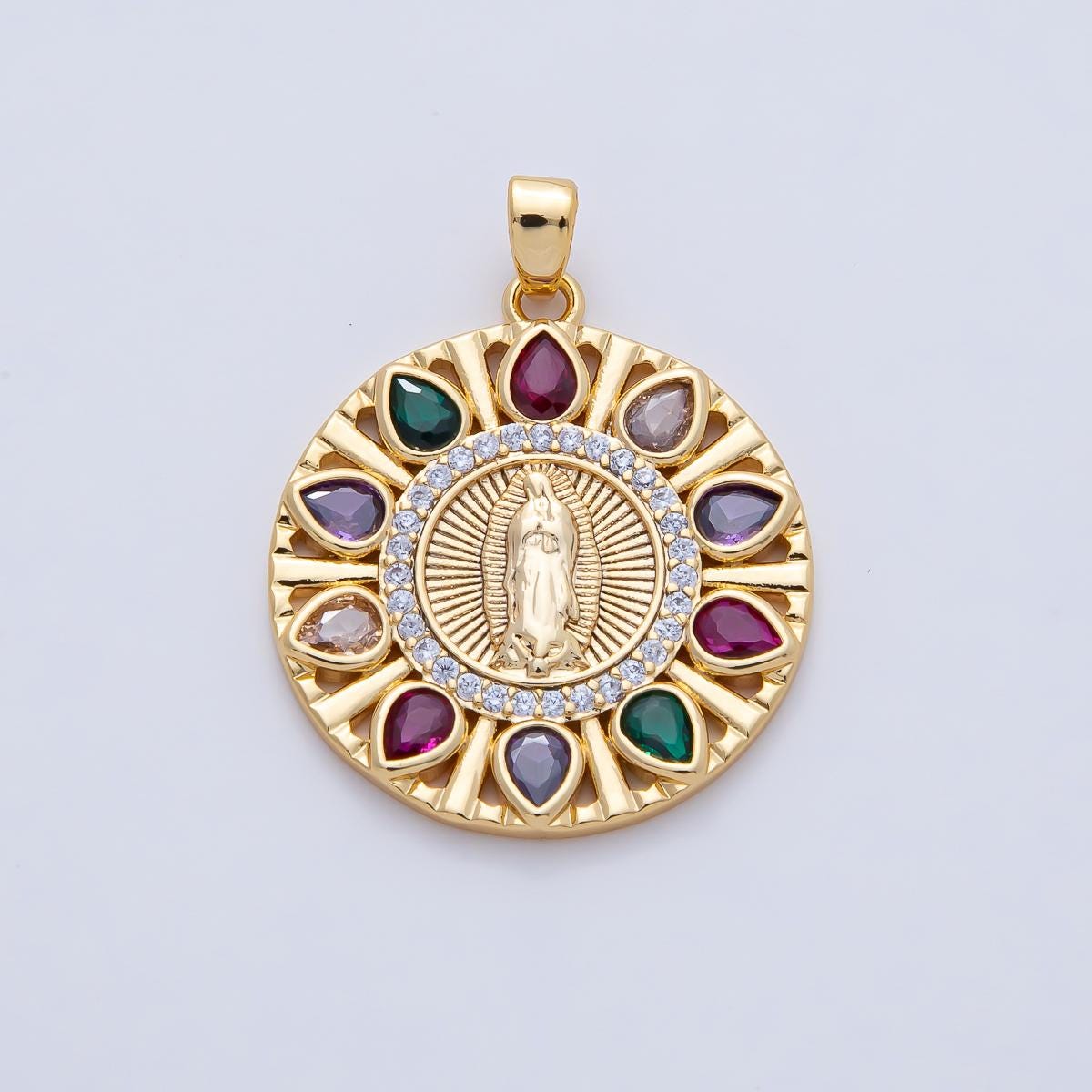 18K Gold Filled 26.3mm Clear & Multicolor CZ Miraculous Lady Mother Mary Round Pendant Halo Religious Charm DIY Jewelry Supply | AF1202