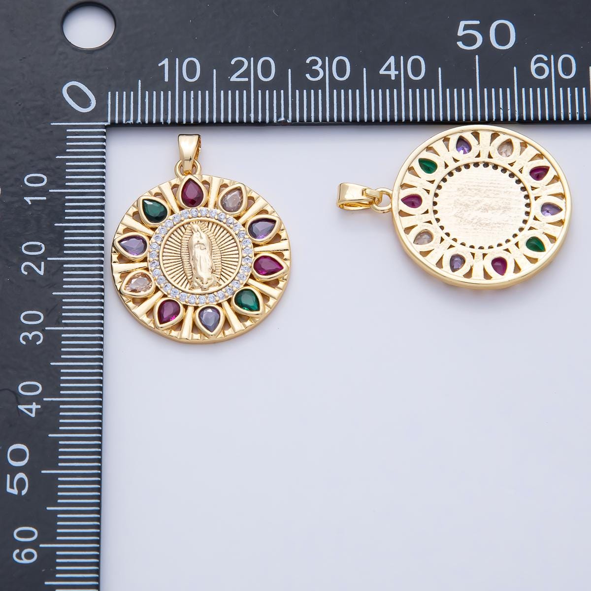 18K Gold Filled 26.3mm Clear & Multicolor CZ Miraculous Lady Mother Mary Round Pendant Halo Religious Charm DIY Jewelry Supply | AF1202