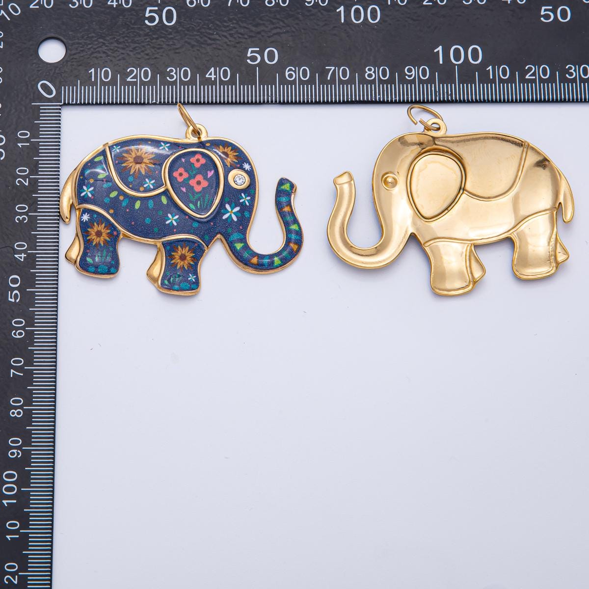 Stainless Steel 45.8mm Blue Flower Enamel CZ Elephant Statement Charm Vibrant Art DIY Jewelry Making Supply Necklace Bracelet Earring | J898