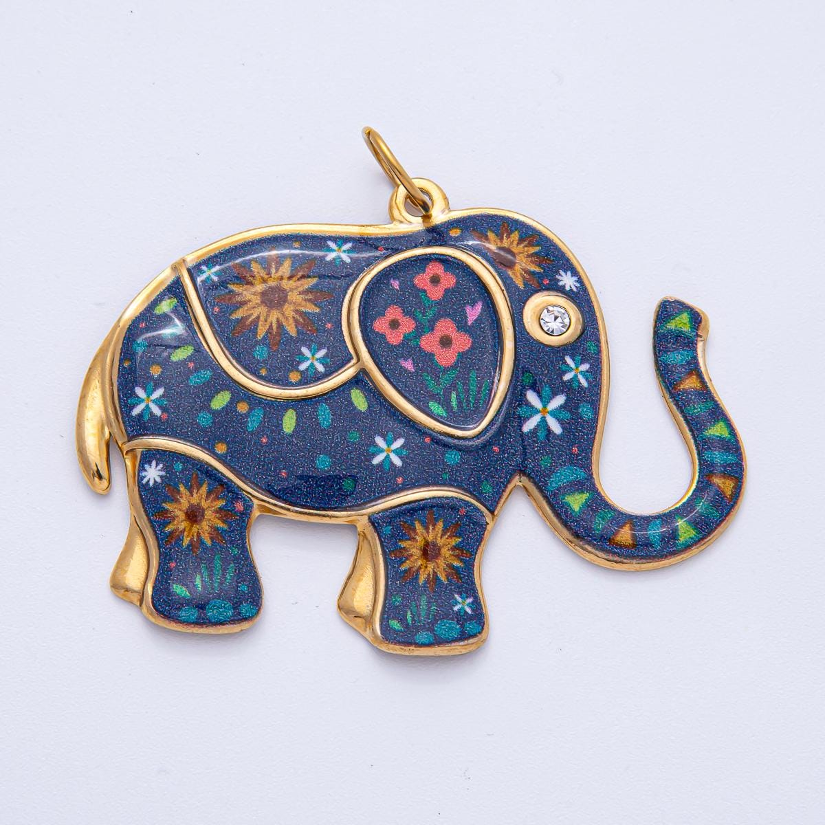 Stainless Steel 45.8mm Blue Flower Enamel CZ Elephant Statement Charm Vibrant Art DIY Jewelry Making Supply Necklace Bracelet Earring | J898