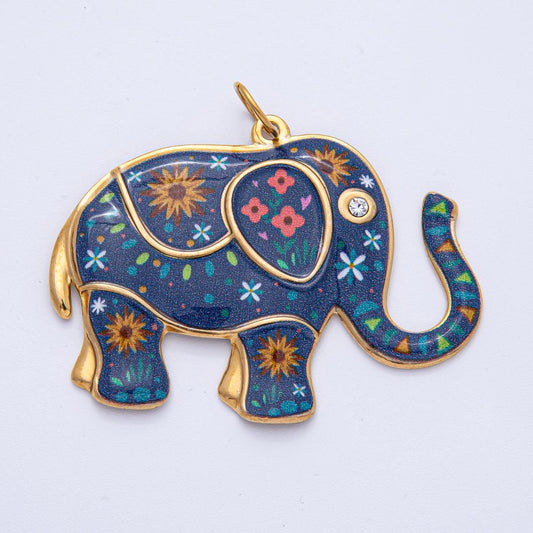 Big Gold Stainless Steel 45.8mm Blue Flower Enamel CZ Elephant Statement Charm Vibrant Art DIY Jewelry Making Supply Necklace Earring | J898