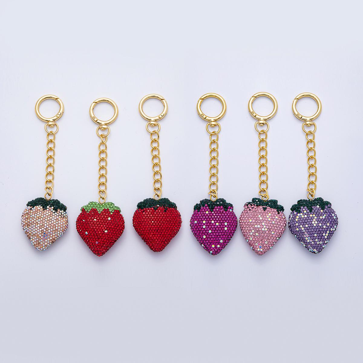 18K Gold Filled Strawberry Bedazzled Bag Crystal Charm Keychain Push Gate Sparkly Fruit Accessories Shimmering Crystal Detail | WB-00248