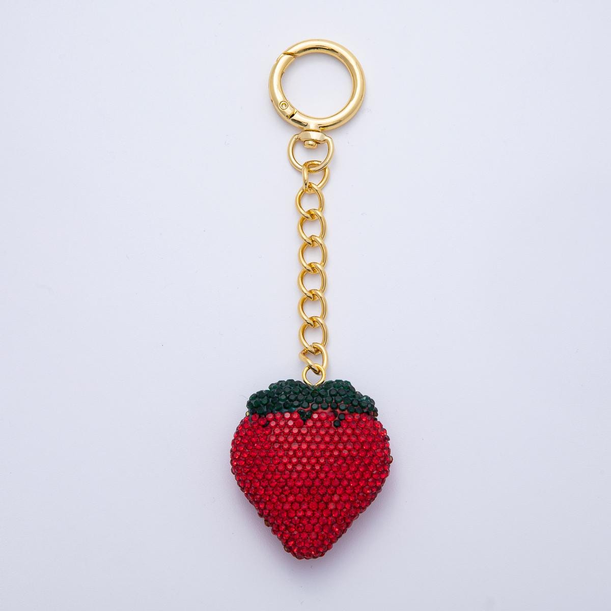 18K Gold Filled Strawberry Bedazzled Bag Crystal Charm Keychain Push Gate Sparkly Fruit Accessories Shimmering Crystal Detail | WB-00248
