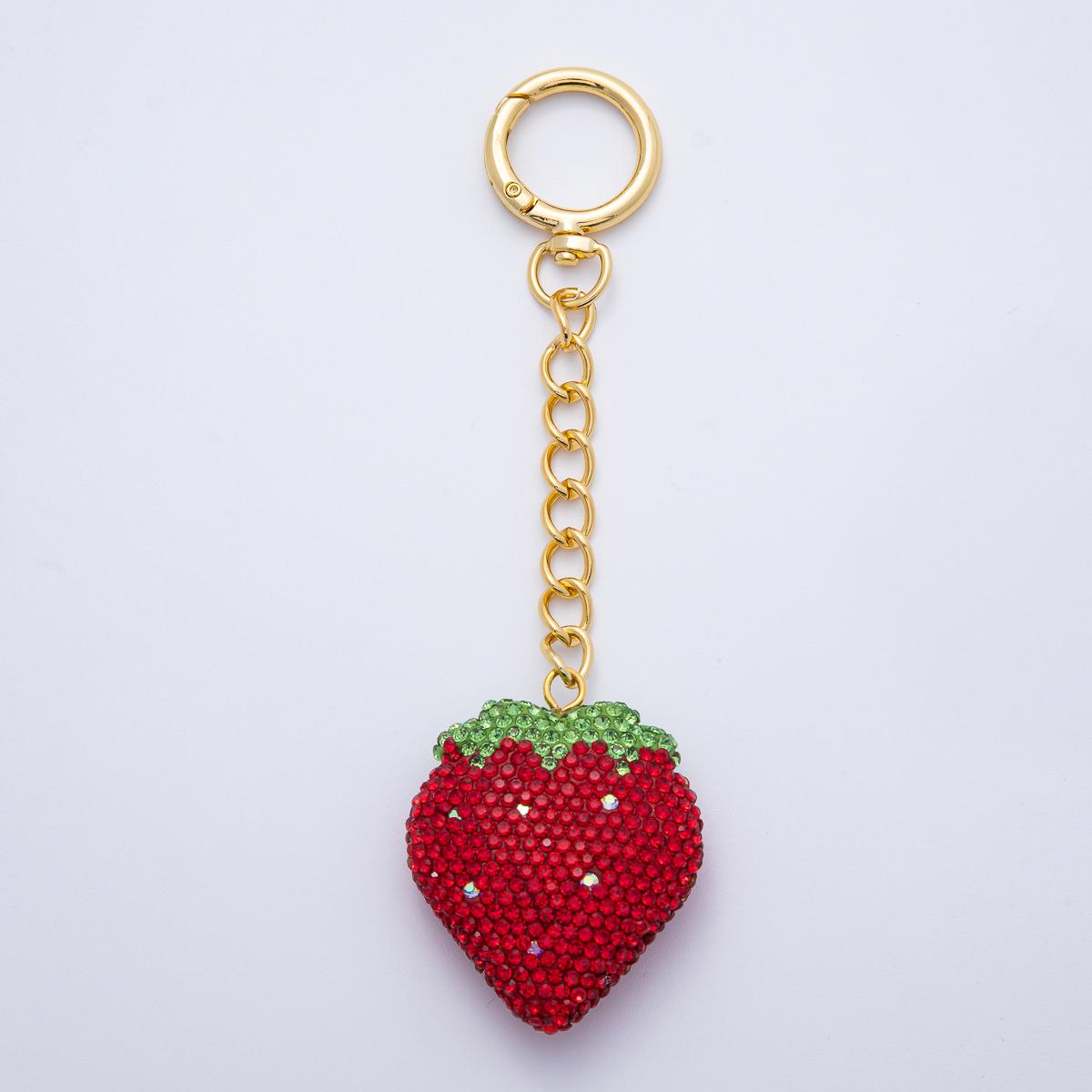 18K Gold Filled Strawberry Bedazzled Bag Crystal Charm Keychain Push Gate Sparkly Fruit Accessories Shimmering Crystal Detail | WB-00248