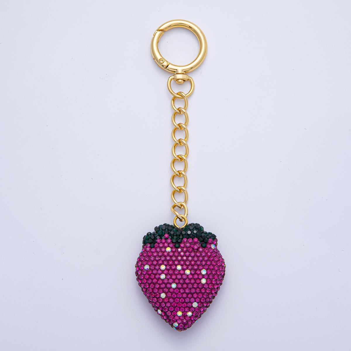 18K Gold Filled Strawberry Bedazzled Bag Crystal Charm Keychain Push Gate Sparkly Fruit Accessories Shimmering Crystal Detail | WB-00248