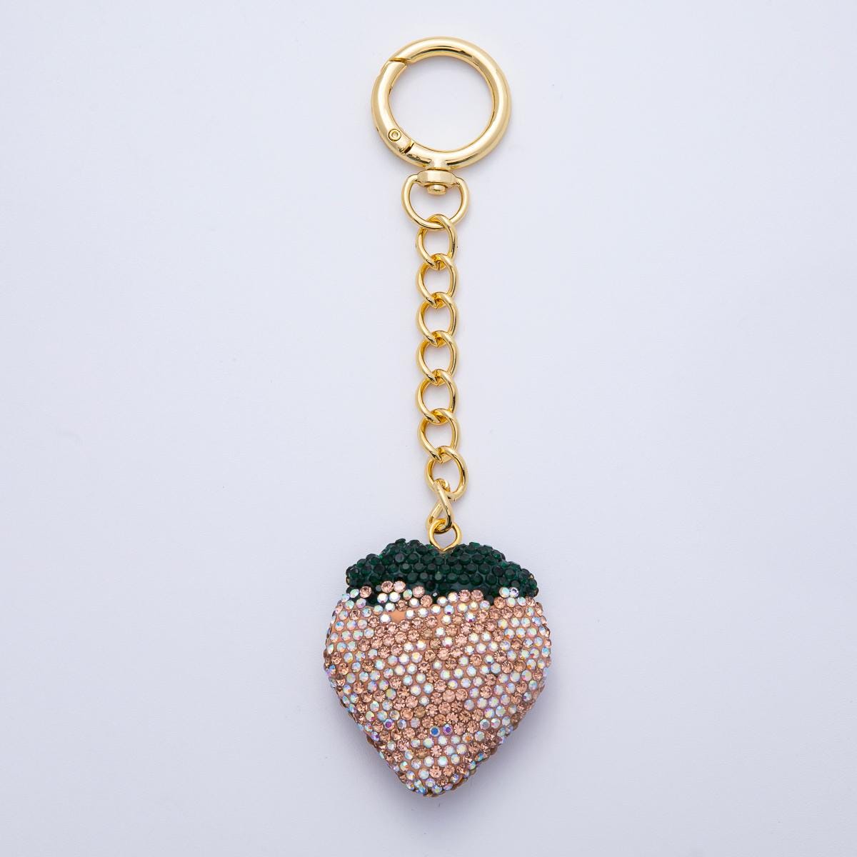 18K Gold Filled Strawberry Bedazzled Bag Crystal Charm Keychain Push Gate Sparkly Fruit Accessories Shimmering Crystal Detail | WB-00248
