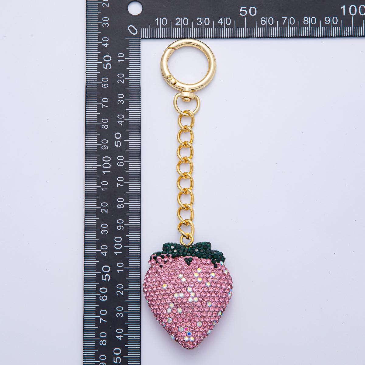 18K Gold Filled Strawberry Bedazzled Bag Crystal Charm Keychain Push Gate Sparkly Fruit Accessories Shimmering Crystal Detail | WB-00248