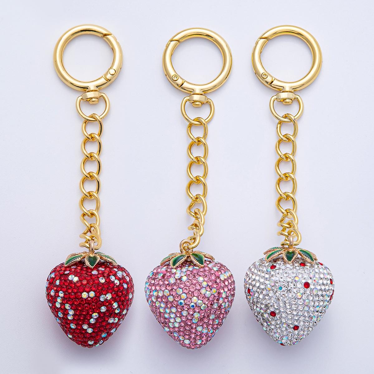 18K Gold Filled Shimmering White, Pink, Red Strawberry Bedazzled Bag Crystal Charm Keychain Push Gate Sparkly Fruit Accessories | WB-00265