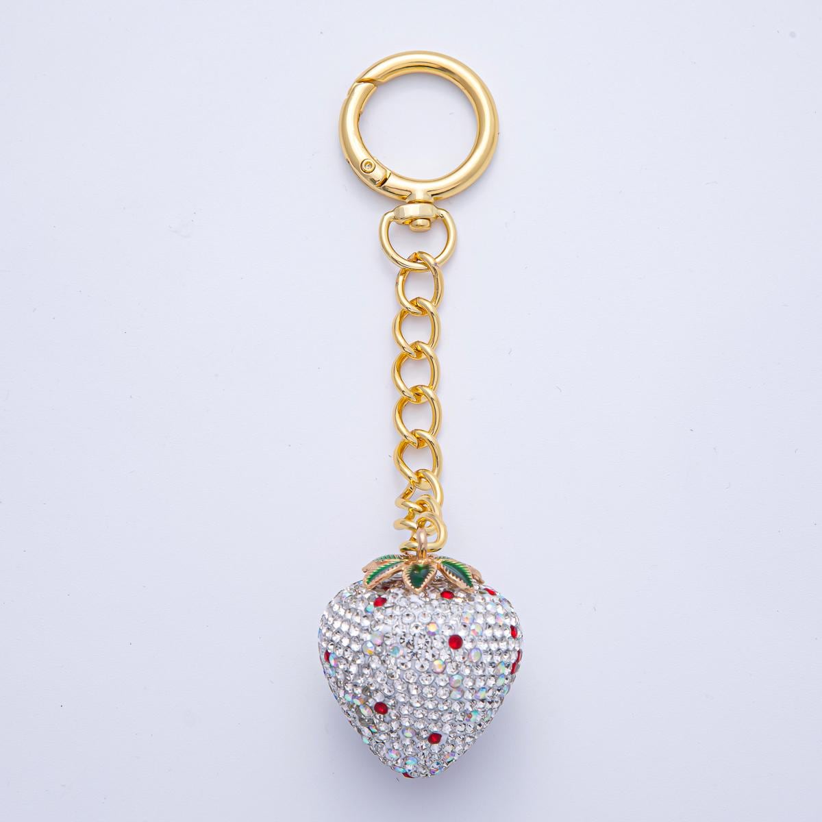 18K Gold Filled Shimmering White, Pink, Red Strawberry Bedazzled Bag Crystal Charm Keychain Push Gate Sparkly Fruit Accessories | WB-00265