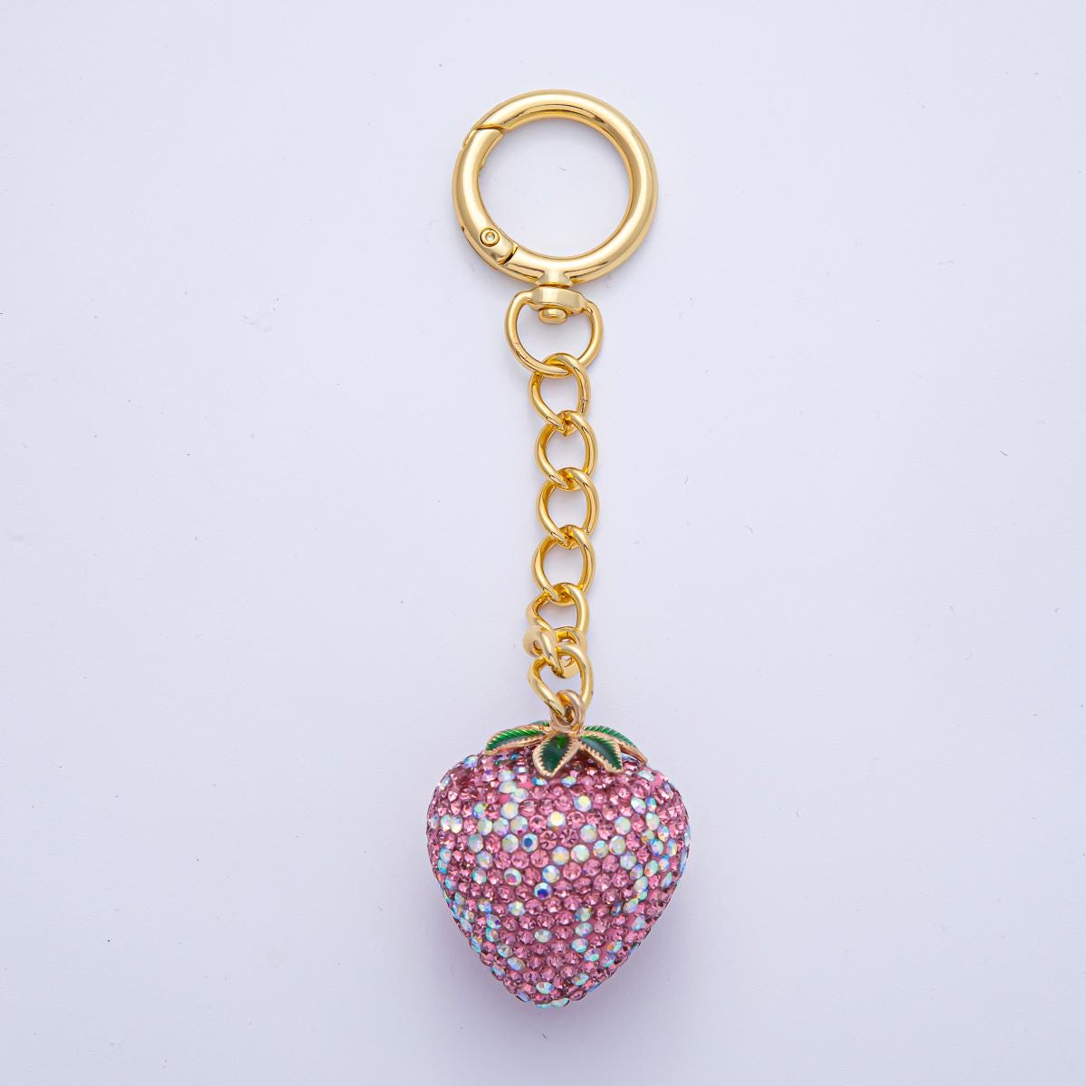 18K Gold Filled Shimmering White, Pink, Red Strawberry Bedazzled Bag Crystal Charm Keychain Push Gate Sparkly Fruit Accessories | WB-00265