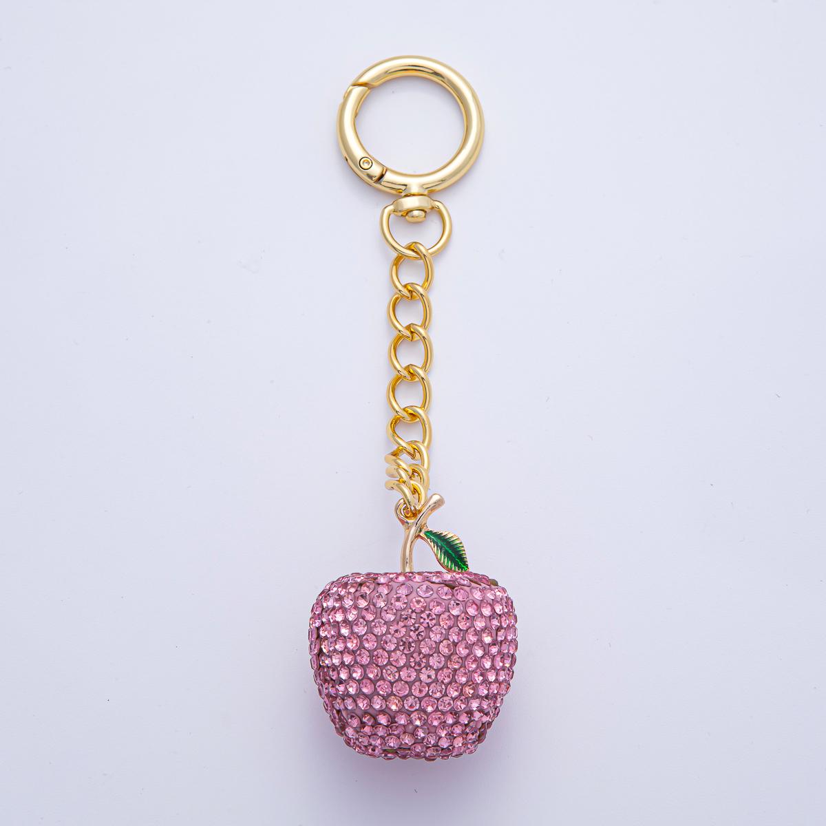 18K Gold Filled Apple Bedazzled Bag Crystal Charm Keychain Push Gate Accessories Luxury Style Finding Gift Idea | WB-00268