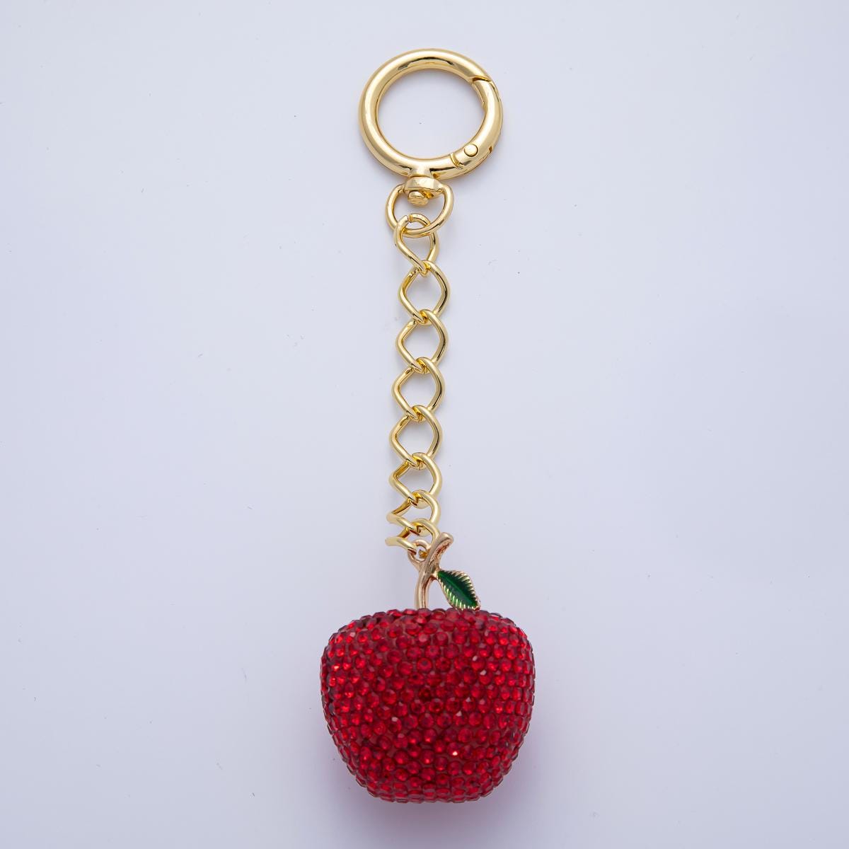 18K Gold Filled Apple Bedazzled Bag Crystal Charm Keychain Push Gate Accessories Luxury Style Finding Gift Idea | WB-00268