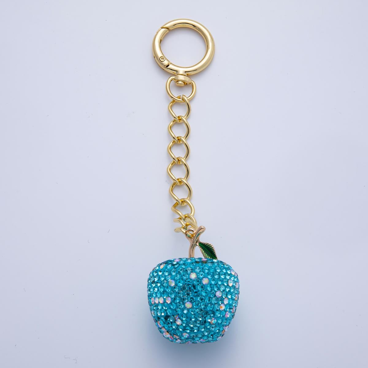 18K Gold Filled Apple Bedazzled Bag Crystal Charm Keychain Push Gate Accessories Luxury Style Finding Gift Idea | WB-00268
