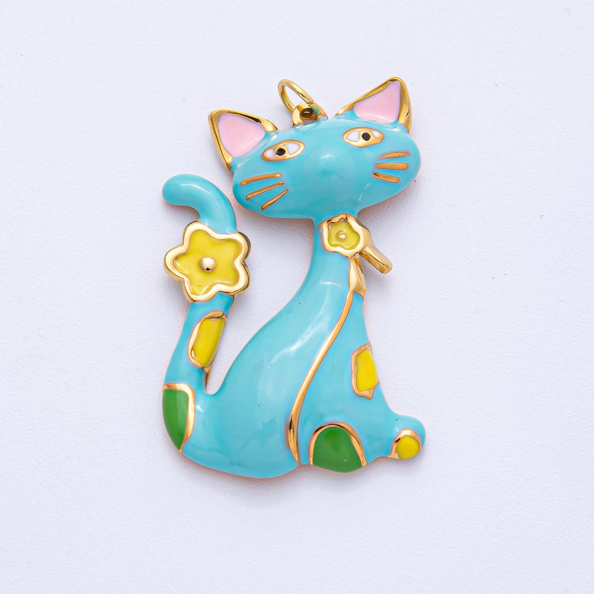 Stainless Steel 39mm Blue, White, Black, Pink Enamel Cat Kitten Pet Statement Pendant Charm Jewelry Supplies Accessory Cute Gift Idea | J816