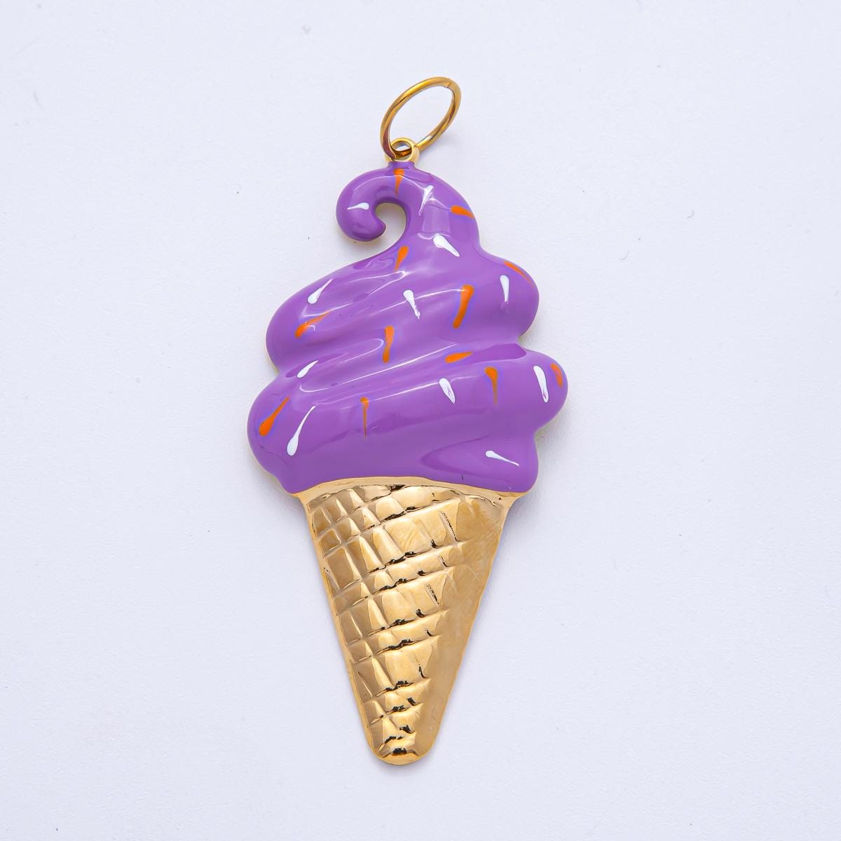 Stainless Steel 64.4mm Purple, White, Brown Enamel Sprinkle Ice Cream Cone Statement Pendant Charm Dessert Lover Foodie Accessory | J848