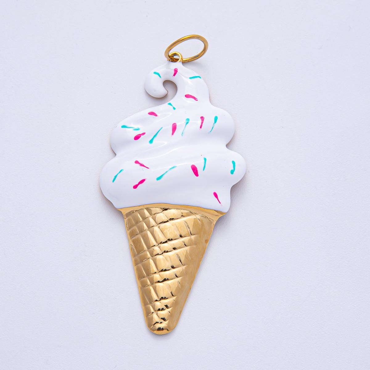 Stainless Steel 64.4mm Purple, White, Brown Enamel Sprinkle Ice Cream Cone Statement Pendant Charm Dessert Lover Foodie Accessory | J848