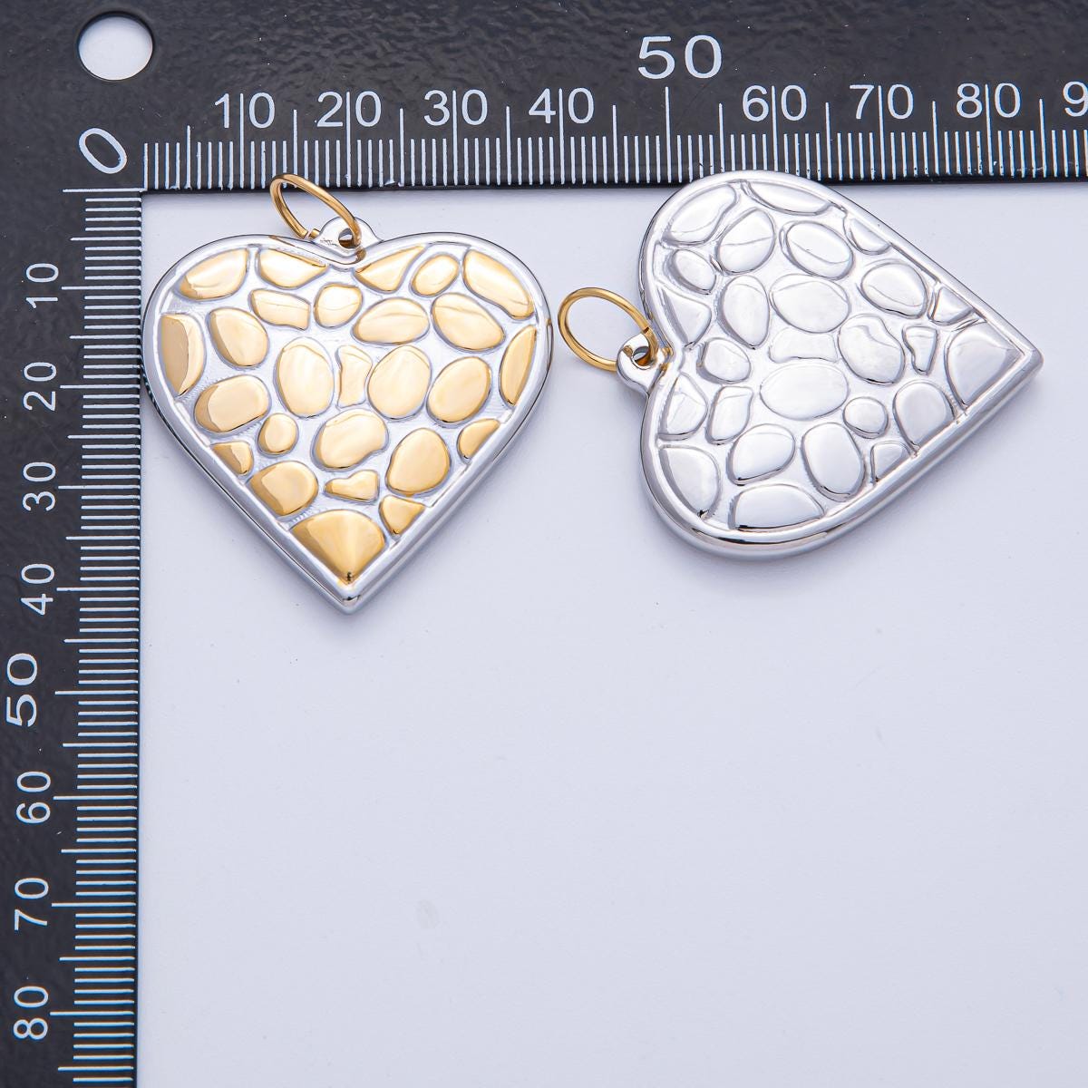 Stainless Steel 40mm Mixed Metal Textured Heart Charm Two Tone Pendant Design for Necklace DIY Jewelry Making Romantic Pebble | J934