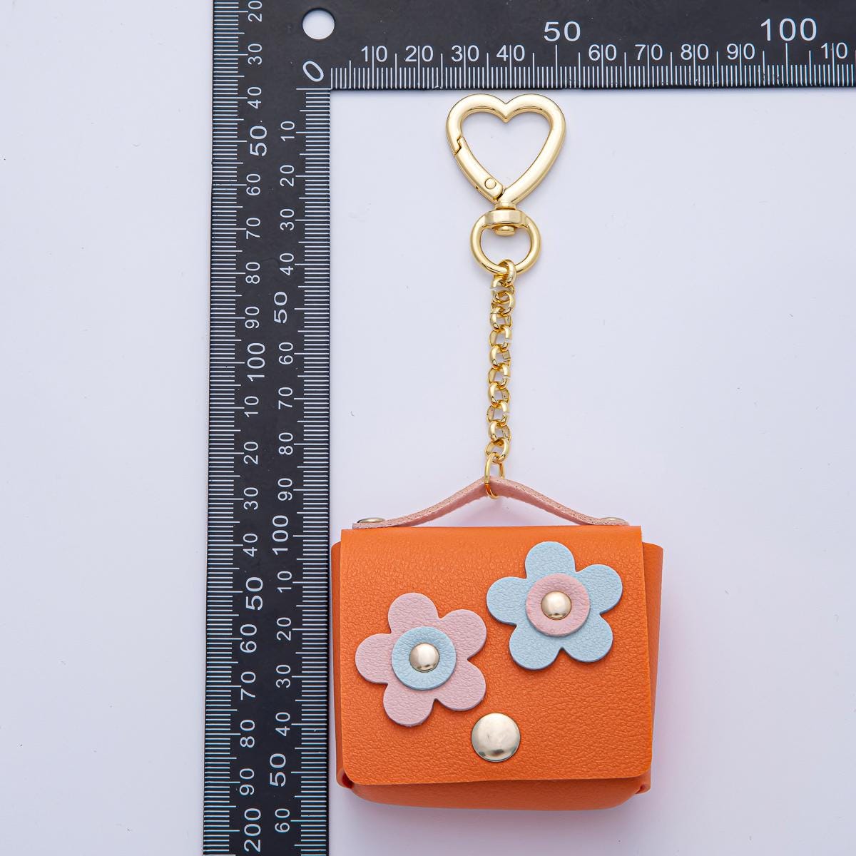 18K Gold Filled Pink Blue Orange Ear Bud Case Bag Charm Heart Push Gate Keychain with Floral Design Mini Purse DIY Jewelry Making | WB-00236