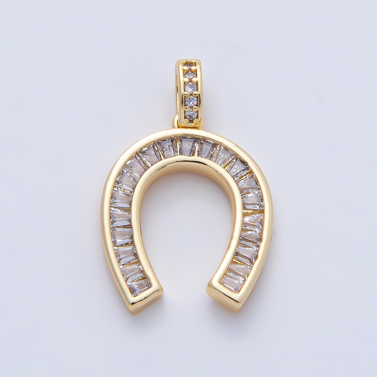 18K Gold Filled 20.1mm Sparkly Clear CZ Baguette Horseshoe Pendant Lucky Charm Shimmering U-Shape DIY Jewelry Making Supply | AF1201