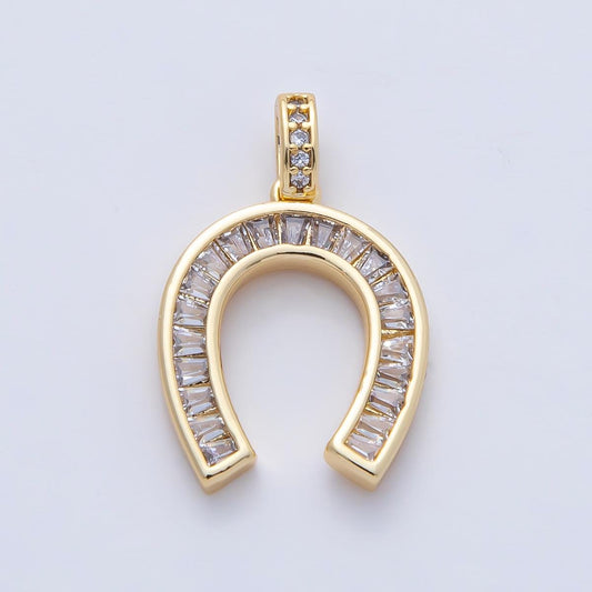 18K Gold Filled 20.1mm Sparkly Clear CZ Baguette Horseshoe Pendant Lucky Charm Shimmering U-Shape DIY Jewelry Making Supply | AF1201