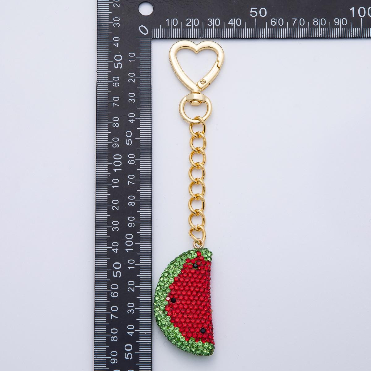 18K Gold Filled Watermelon Bedazzled Bag Crystal Charm Keychain Push Gate Sparkly Fruit Accessories Shimmering Crystal Detail | WB-00239