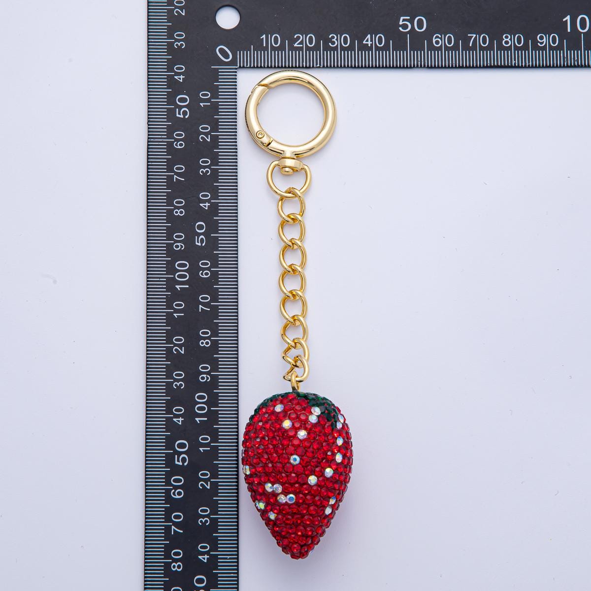 18K Gold Filled Shimmering Red Strawberry Bedazzled Bag Crystal Charm Keychain Push Gate Key Ring Sparkly Fruit Accessories | WB-00254