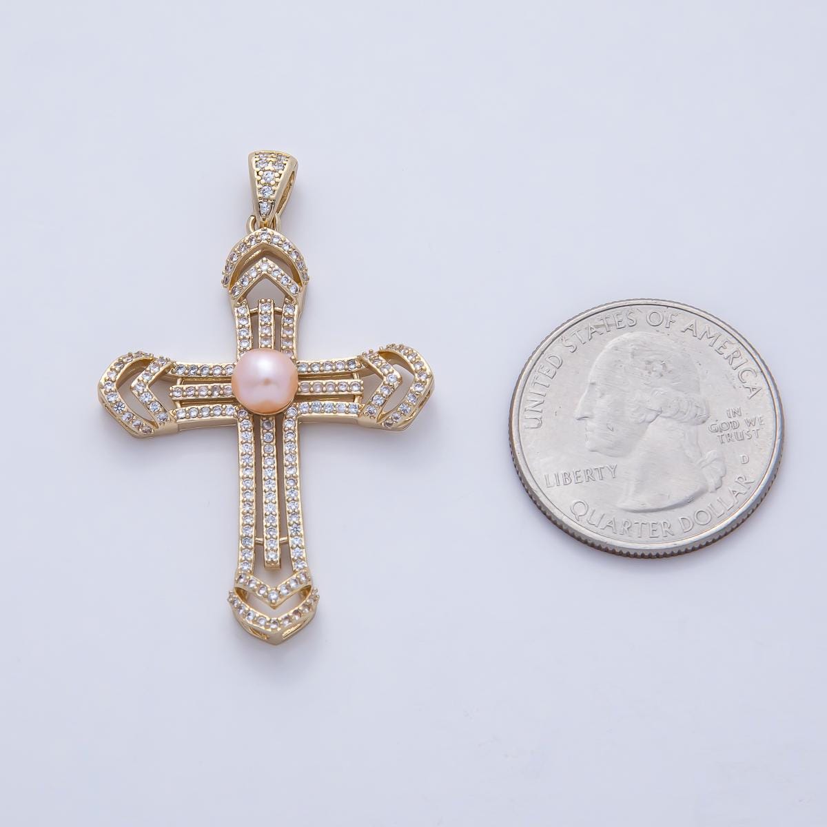 18K Gold Filled 40.4mm White & Pink Shell Pearl Micro Paved CZ Passion Cross Pendant Religious Jewelry Charm DIY Supply Necklace | AF1194