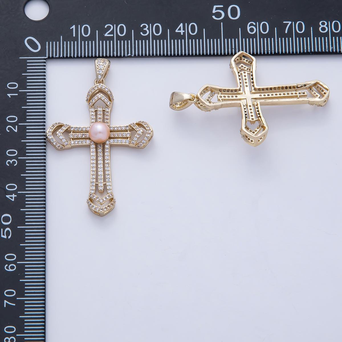 18K Gold Filled 40.4mm White & Pink Shell Pearl Micro Paved CZ Passion Cross Pendant Religious Jewelry Charm DIY Supply Necklace | AF1194