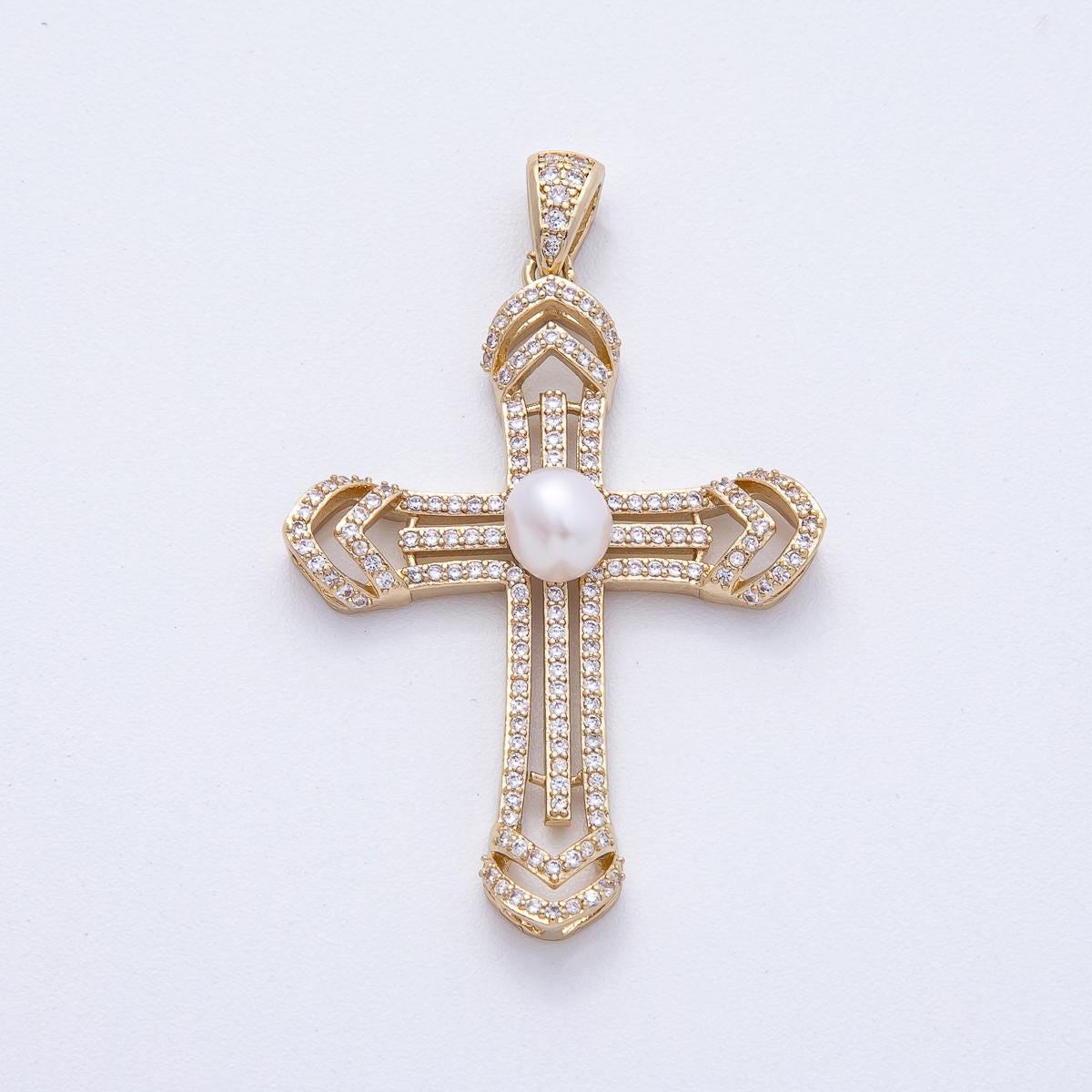 18K Gold Filled 40.4mm White & Pink Shell Pearl Micro Paved CZ Passion Cross Pendant Religious Jewelry Charm DIY Supply Necklace | AF1194