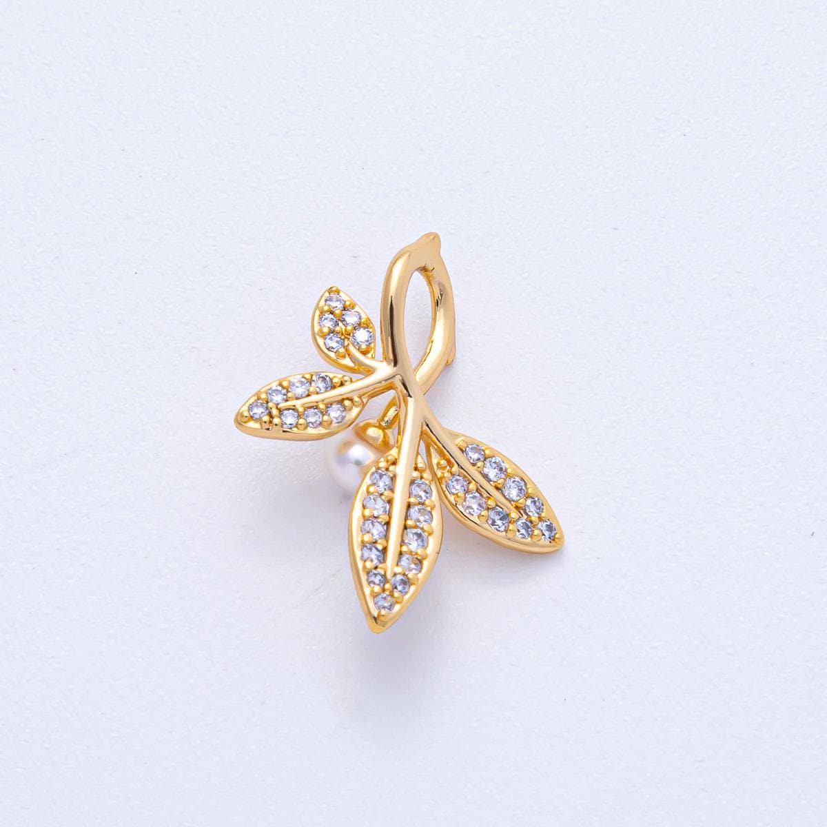 18K Gold Filled 21.9mm Luxury Shell Pearl Micro Paved CZ Leaf Design Nature Inspired DIY Jewelry Making Supply for Necklace | AF1198