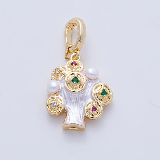 18K Gold Filled 20.7mm Multicolor CZ Shell Pearl Geometric Snap Latch Pendant Floral Tree Design Charm Necklace DIY Jewelry Making | AF1199