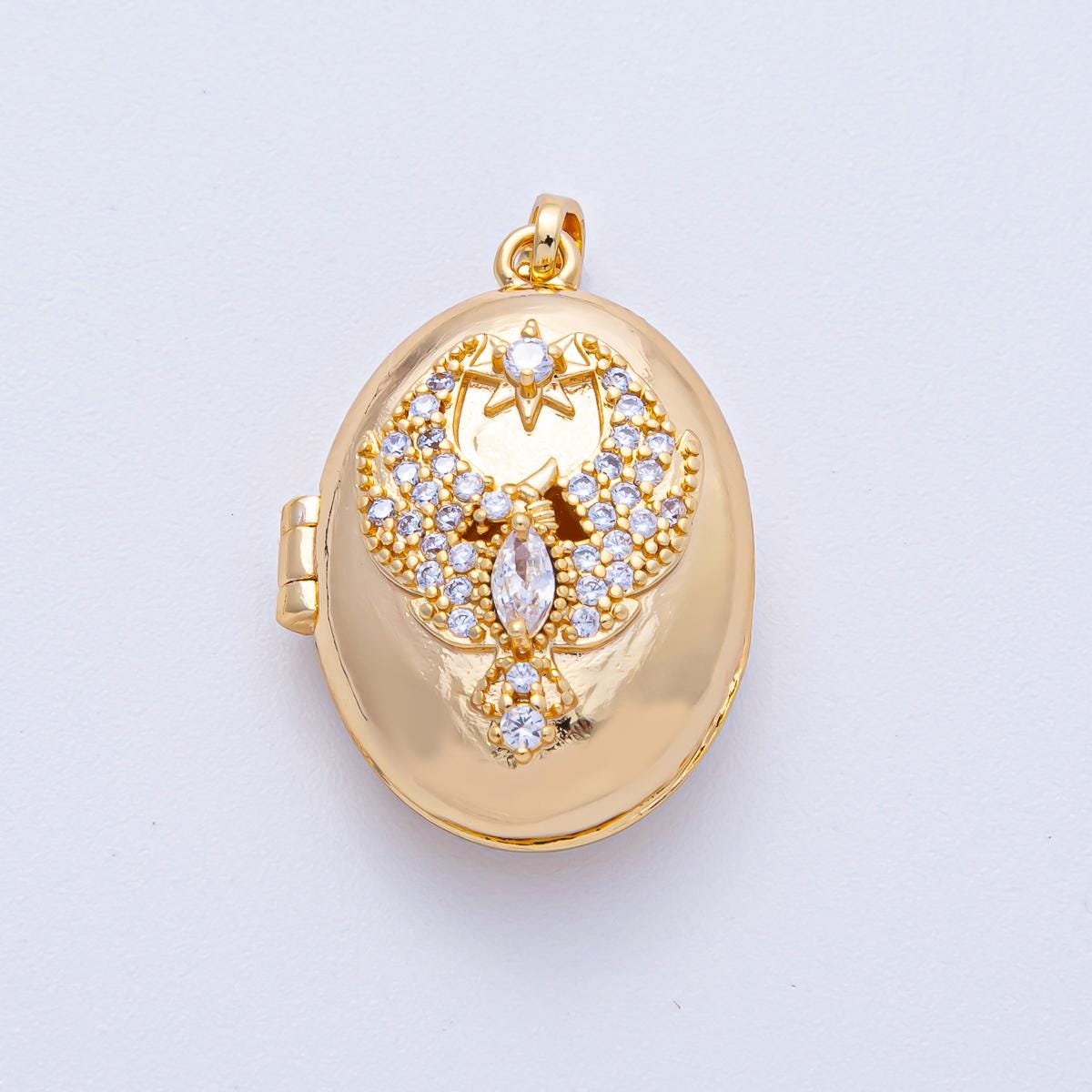 18K Gold Filled 26mm Vintage Celestial Bird Star Micro Paved CZ Oval Locket Pendant DIY Jewelry Making for Necklace Supply | AF1200