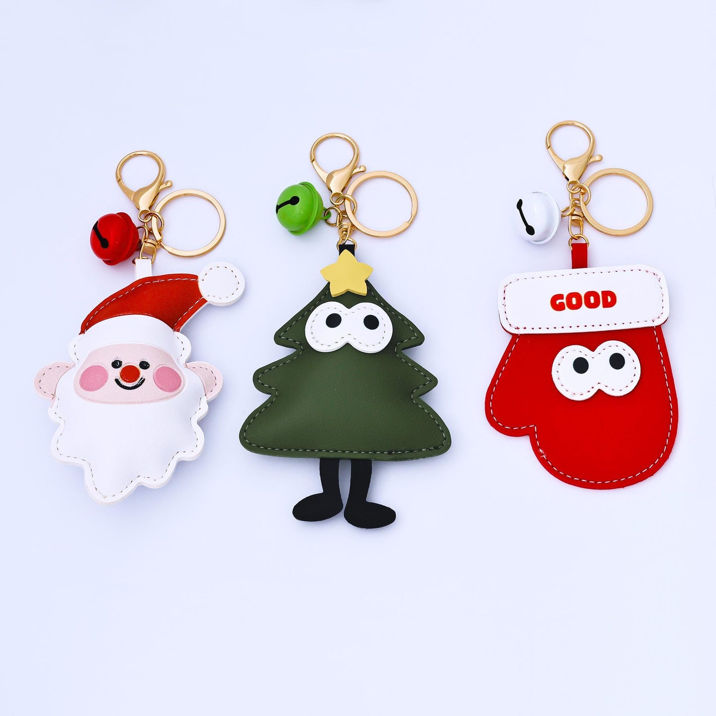 Limited Edition Christmas Tree Santa Clause Mitten Faux Leather Clip On Bag Charm Keychain with Bell for Holiday Season Gift Idea | WB-00203