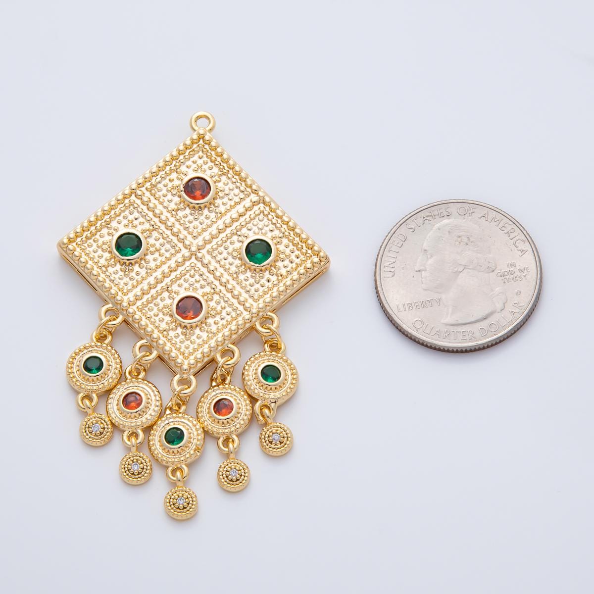 18K Gold Filled 64mm Multicolor CZ Artisan Dotted Rhombus Round Drop Charm | AF1417