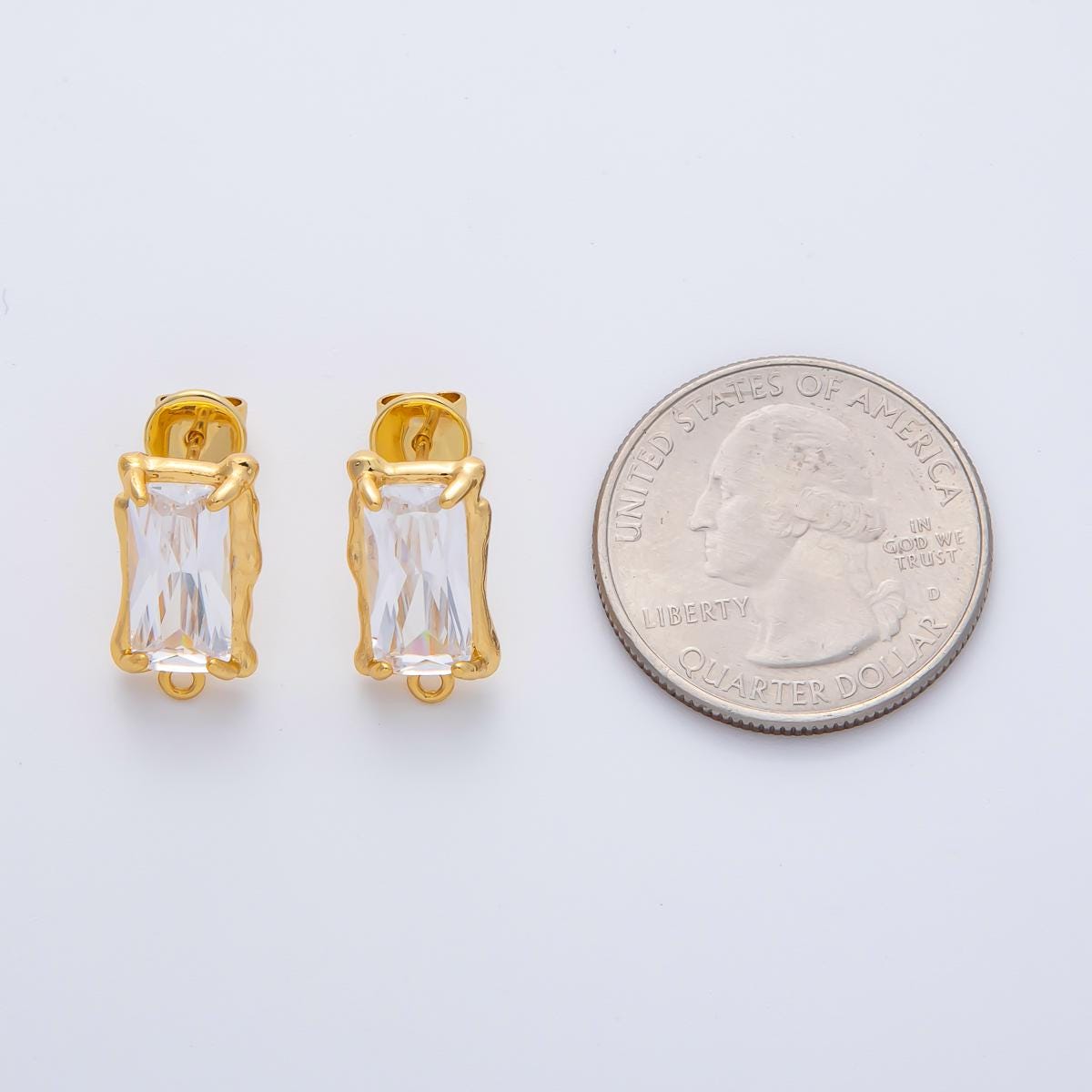 18K Gold Filled Clear Rectangle Baguette CZ Molten Drop Stud Earrings Findings Closed Loop | Z1447