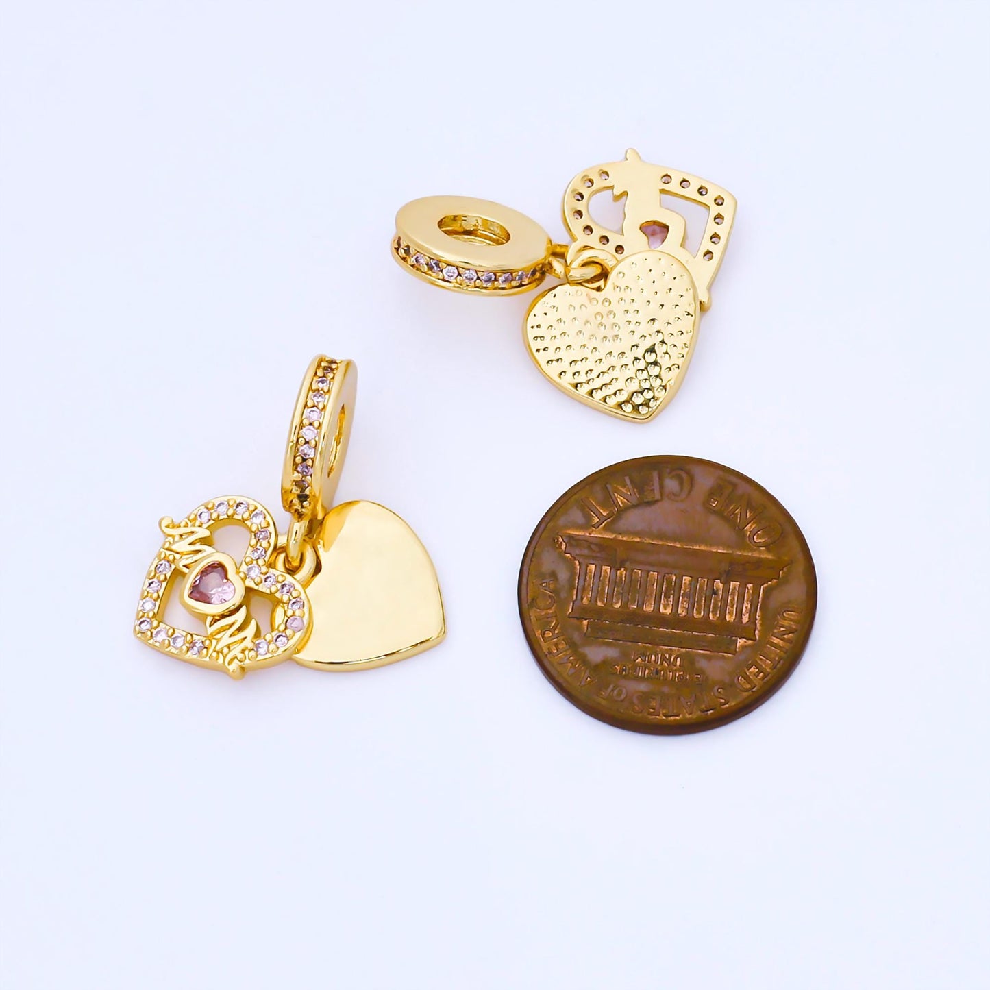 24K Gold Filled "MOM" Double Heart Pink Micro Paved CZ Rondelle Drop Pendant DIY jewelry making supply for necklace bracelet earring| AF1569