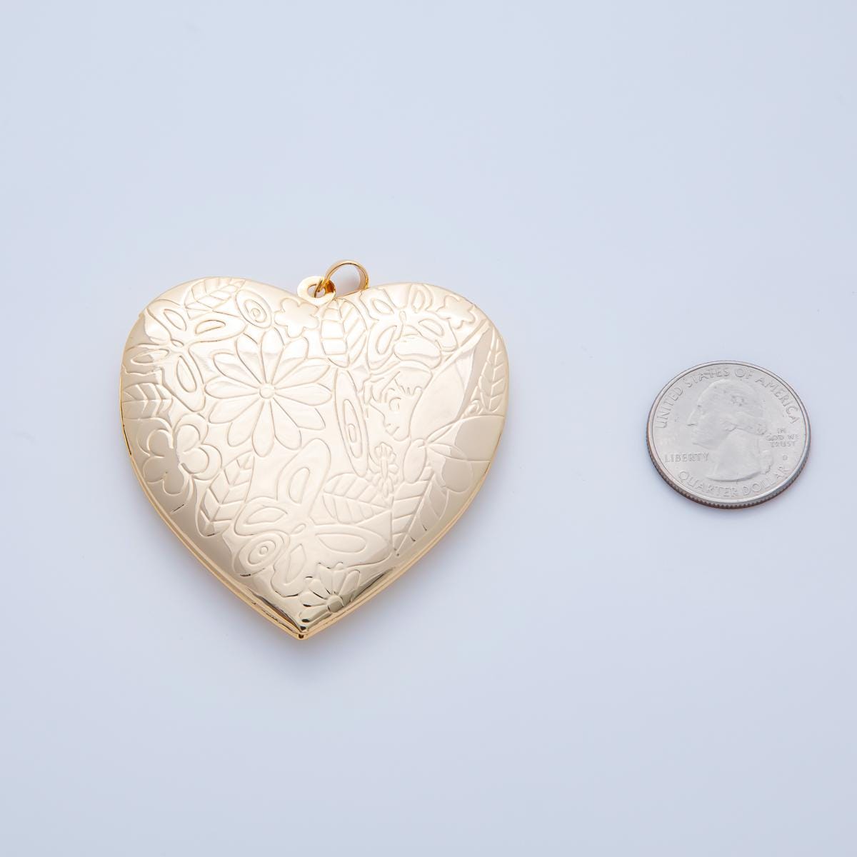 18K Gold Filled 60mm Butterfly Flower Leaf Engraved Heart Locket Pendant | AF1160