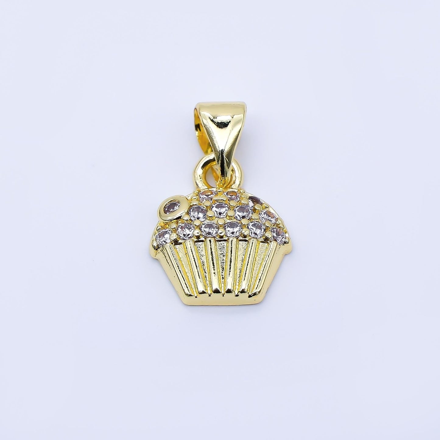 24K Gold Filled 11mm Micro Paved CZ Cupcake Charm Food Jewelry Gourmet Inspired Pendant DIY Supply for Necklace Bracelet Making | AA1675